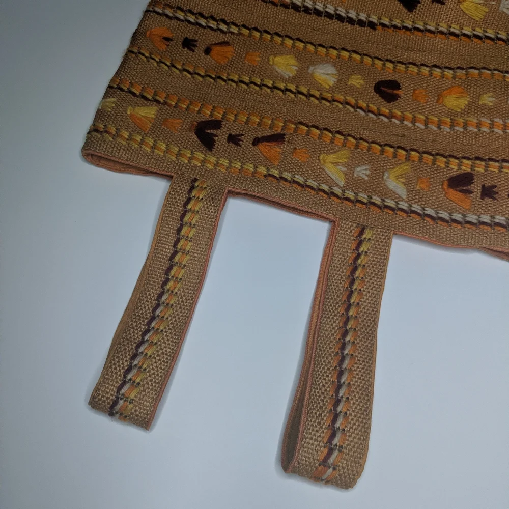 VINTAGE Handmade Boho Embroidered Burlap Tote - Picture 4 of 11